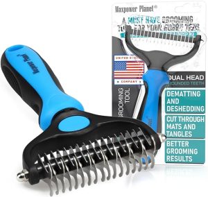 Maxpower Planet Pet Grooming Brush - Double Sided Shedding, Dematting - Undercoat Rake for Dogs - Dog Grooming Brush - Deshedding Brush for Dogs - Dog Brush, Cat Brush, Reduce Shedding by 95%, Blue