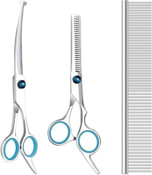 MAXSHOP Professional 2 Pack Dog Grooming Scissors with Safety Round Tips, Heavy Duty Titanium Stainless Steel Up-Curved Pet Grooming Scissors Thinning Cutting Shears for Dogs and Cats (Set of 2)