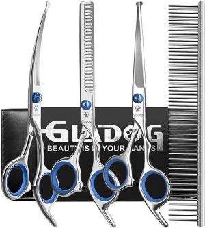 GLADOG Professional Dog Grooming Scissors Set, 5 in 1 Pet Grooming Scissors for Dogs with Safety Round Tips, Sharp and Durable, Upgraded Pet Grooming Shears for Dogs and Cats